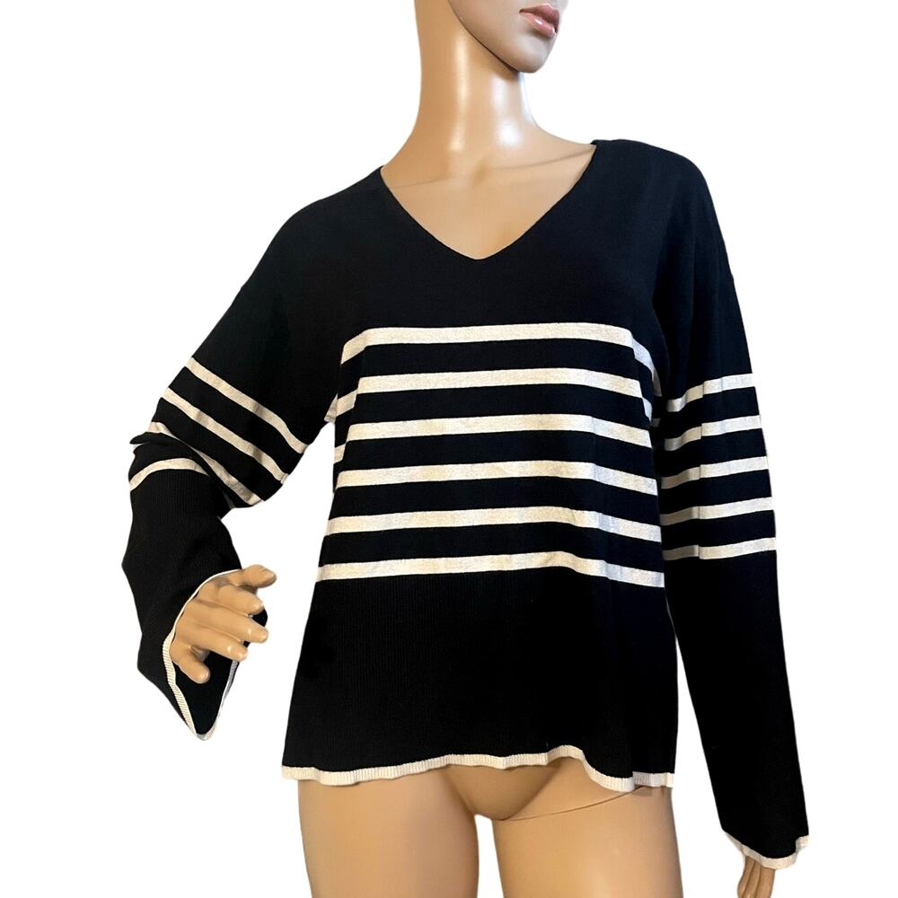 VERO MODA HAPPINESS STRIPE V-NECK PULLOVER SWEATER MEDIUM‎ BLACK WITH BIRCH NWT